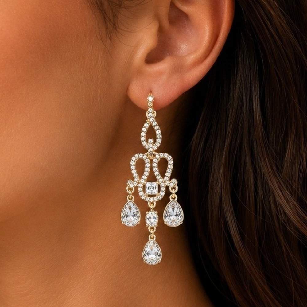 Gold Chandelier Earrings Made with Swarovski Crystal 2 13/16" Statement Dangle
